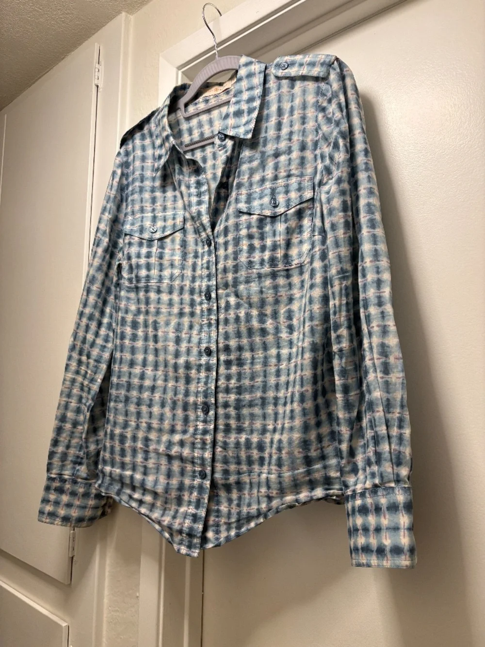 Tory Burch button down shirt - cotton tie dye w/ checkered pattern - size 10